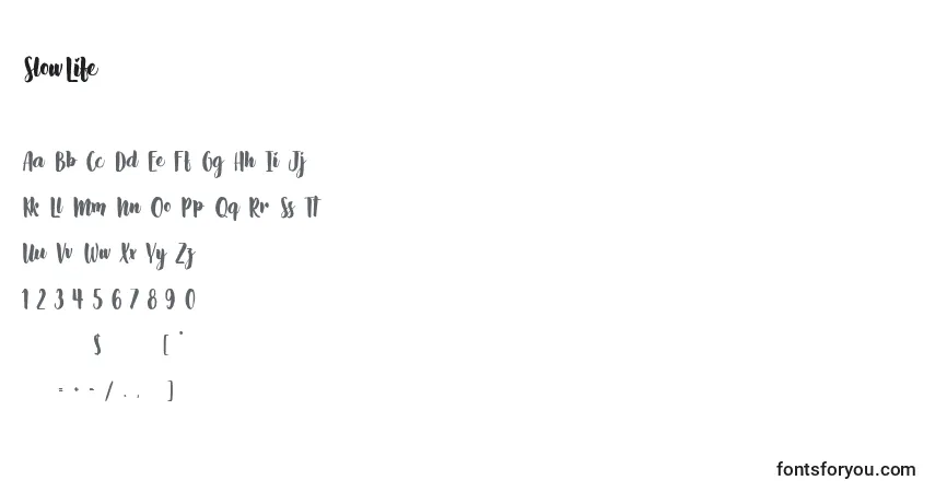 Czcionka SlowLife – alfabet, cyfry, specjalne znaki