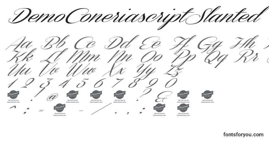 Czcionka DemoConeriascriptSlanted – alfabet, cyfry, specjalne znaki