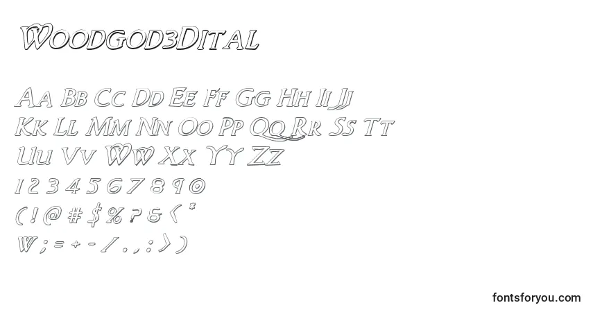 Schriftart Woodgod3Dital – Alphabet, Zahlen, spezielle Symbole