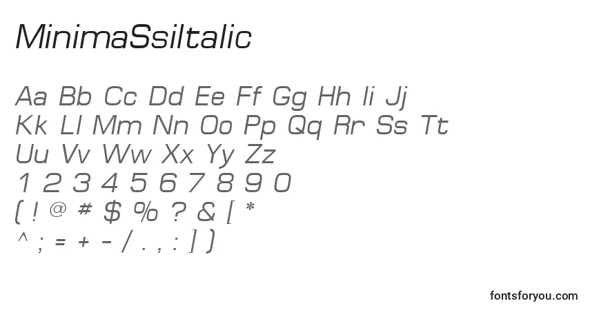Czcionka MinimaSsiItalic – alfabet, cyfry, specjalne znaki