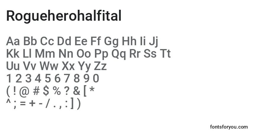 Czcionka Rogueherohalfital – alfabet, cyfry, specjalne znaki