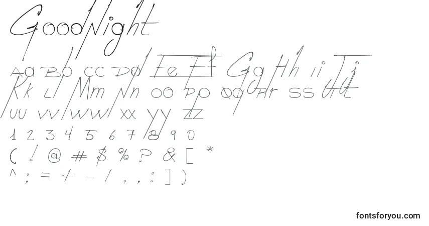A fonte GoodNight – alfabeto, números, caracteres especiais