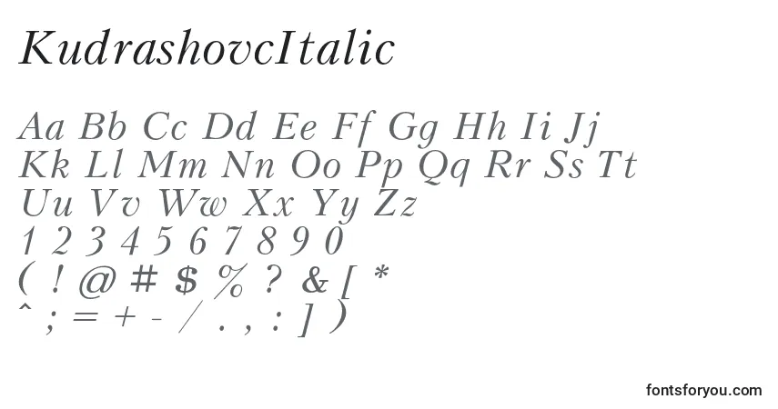 Schriftart KudrashovcItalic – Alphabet, Zahlen, spezielle Symbole