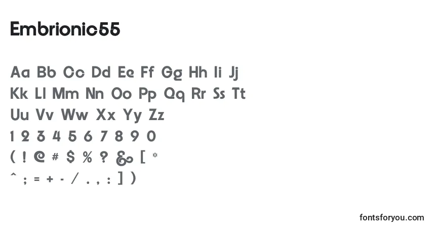 A fonte Embrionic55 – alfabeto, números, caracteres especiais