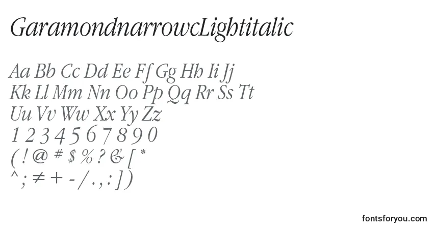 Шрифт GaramondnarrowcLightitalic – алфавит, цифры, специальные символы