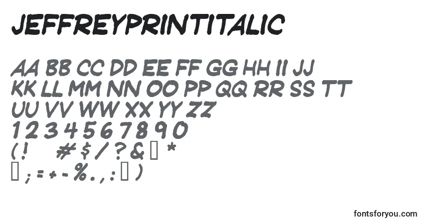 Czcionka Jeffreyprintitalic – alfabet, cyfry, specjalne znaki