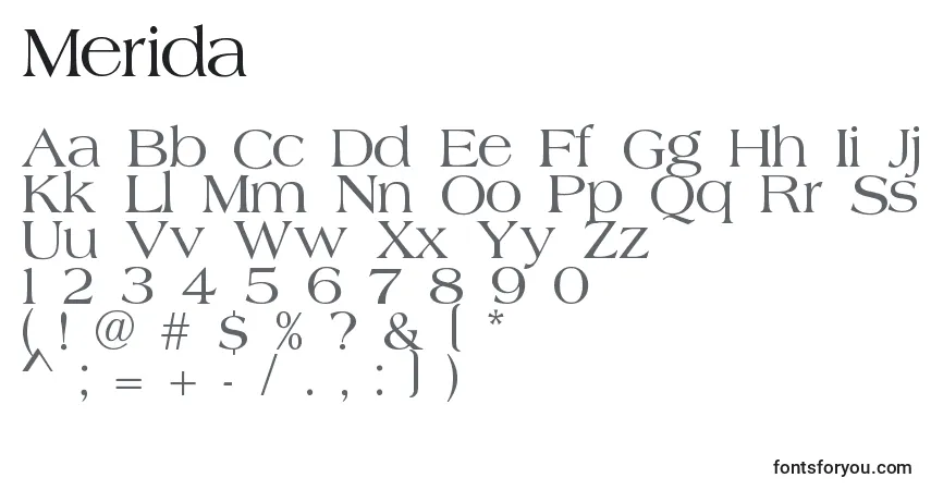 Schriftart Merida – Alphabet, Zahlen, spezielle Symbole