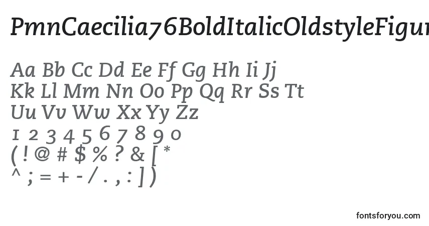A fonte PmnCaecilia76BoldItalicOldstyleFigures – alfabeto, números, caracteres especiais