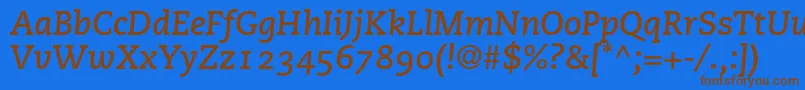 フォントPmnCaecilia76BoldItalicOldstyleFigures – 茶色の文字が青い背景にあります。