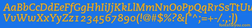 フォントPmnCaecilia76BoldItalicOldstyleFigures – オレンジ色の文字が青い背景にあります。