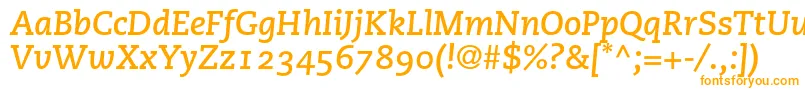PmnCaecilia76BoldItalicOldstyleFigures-Schriftart – Orangefarbene Schriften auf weißem Hintergrund