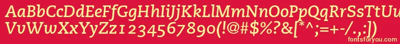 PmnCaecilia76BoldItalicOldstyleFigures-fontti – keltaiset fontit punaisella taustalla