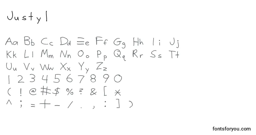 Czcionka Justy1 – alfabet, cyfry, specjalne znaki