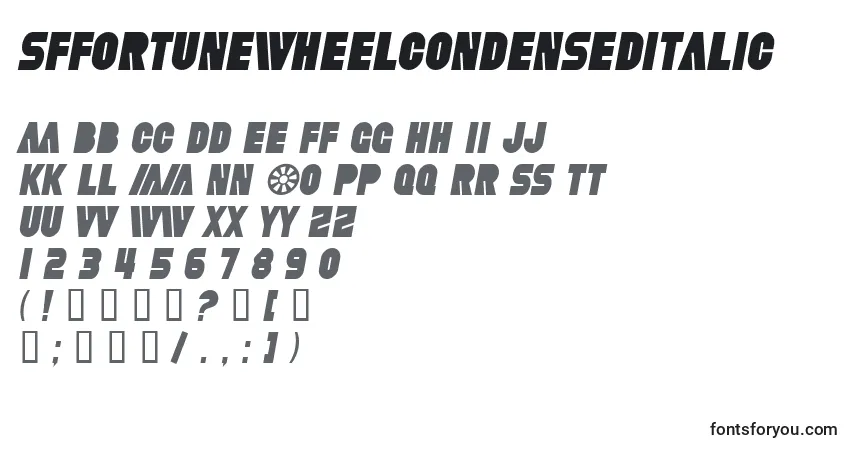 Czcionka SfFortuneWheelCondensedItalic – alfabet, cyfry, specjalne znaki