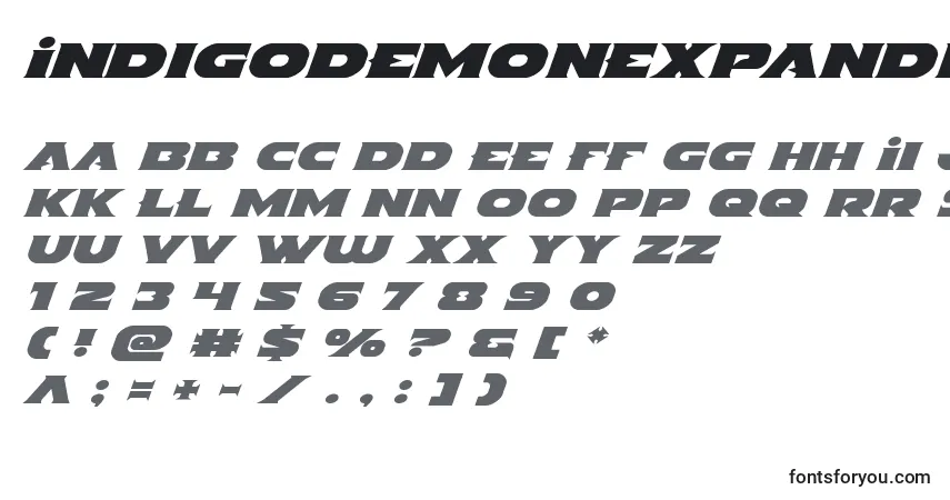 Schriftart Indigodemonexpandital – Alphabet, Zahlen, spezielle Symbole