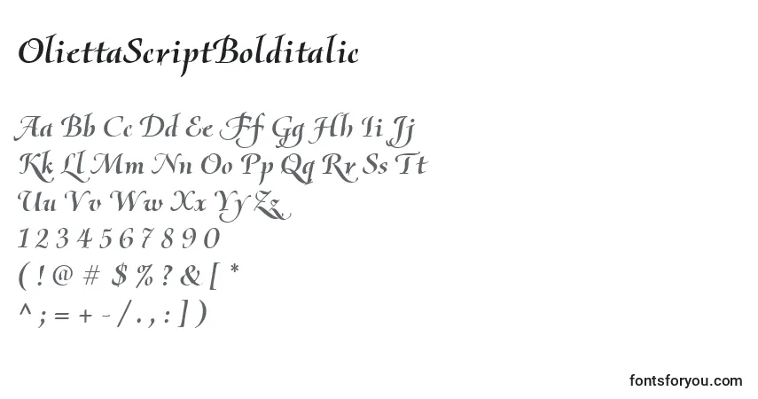 A fonte OliettaScriptBolditalic – alfabeto, números, caracteres especiais