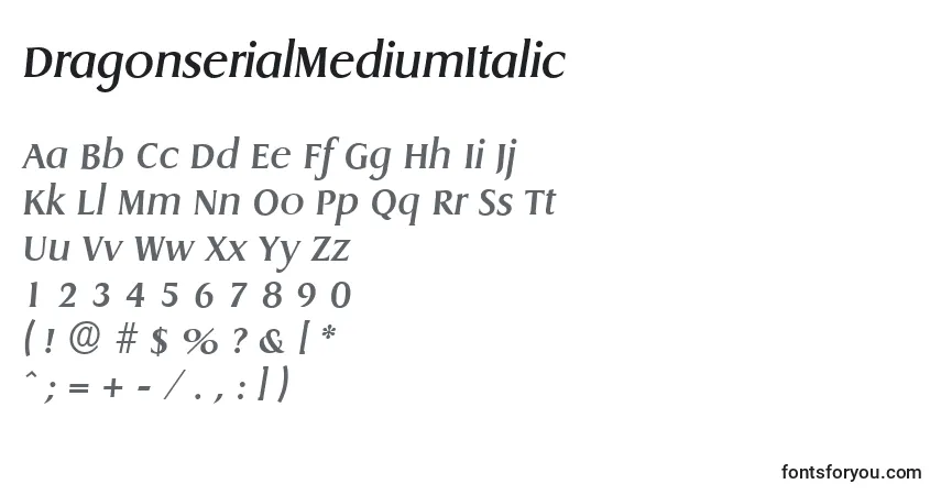 Шрифт DragonserialMediumItalic – алфавит, цифры, специальные символы