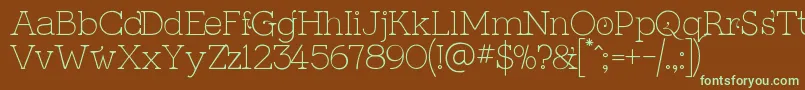 フォントKingthingsSerifiqueUltraLight – 緑色の文字が茶色の背景にあります。