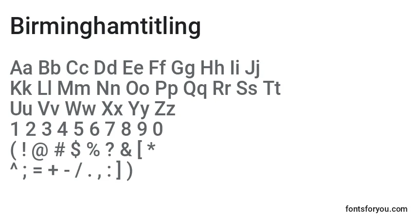 Czcionka Birminghamtitling – alfabet, cyfry, specjalne znaki