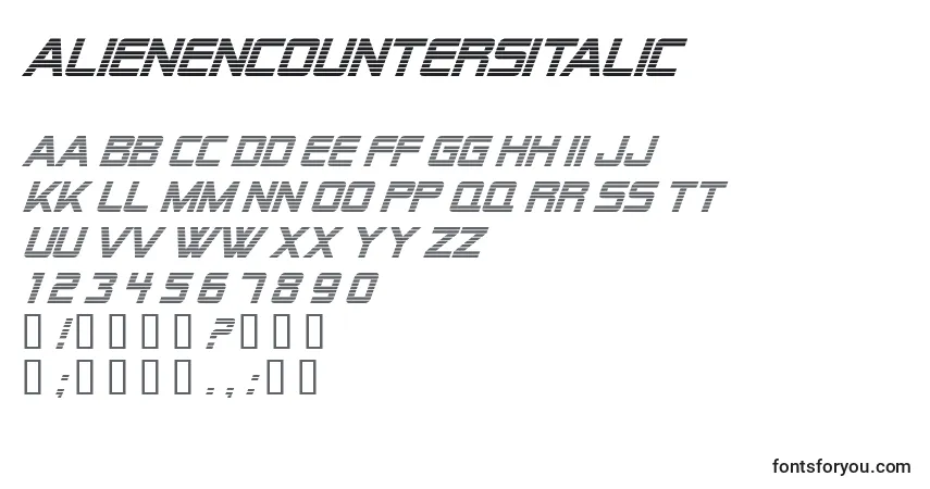 Fuente AlienEncountersItalic - alfabeto, números, caracteres especiales