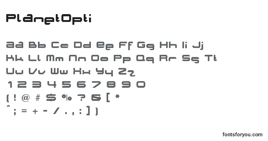 Czcionka PlanetOpti – alfabet, cyfry, specjalne znaki