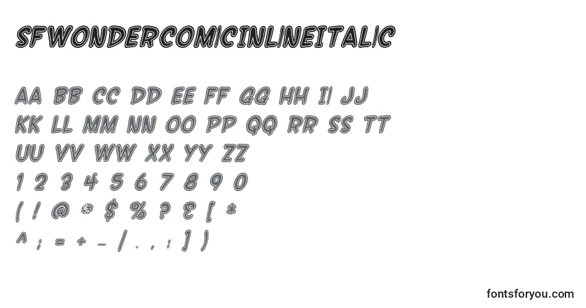 Шрифт SfWonderComicInlineItalic – алфавит, цифры, специальные символы