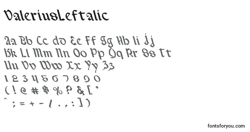 Czcionka ValeriusLeftalic – alfabet, cyfry, specjalne znaki