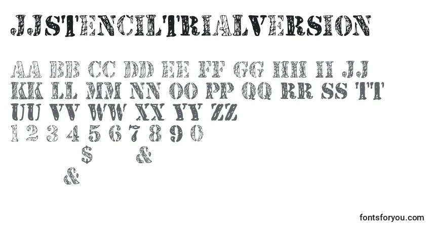 A fonte JjstencilTrialVersion – alfabeto, números, caracteres especiais