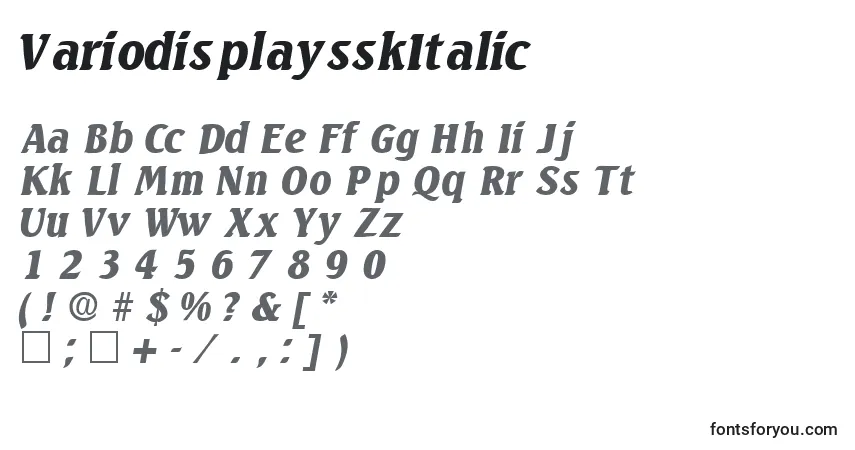 A fonte VariodisplaysskItalic – alfabeto, números, caracteres especiais