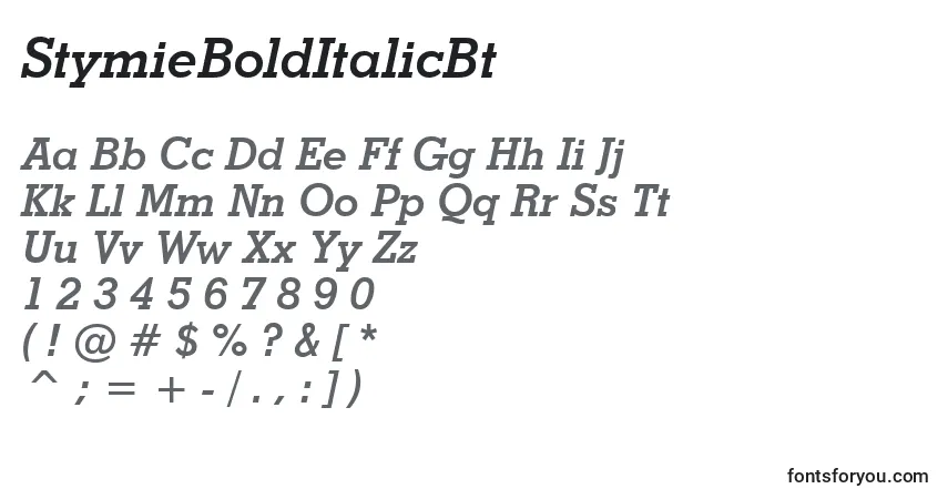 A fonte StymieBoldItalicBt – alfabeto, números, caracteres especiais