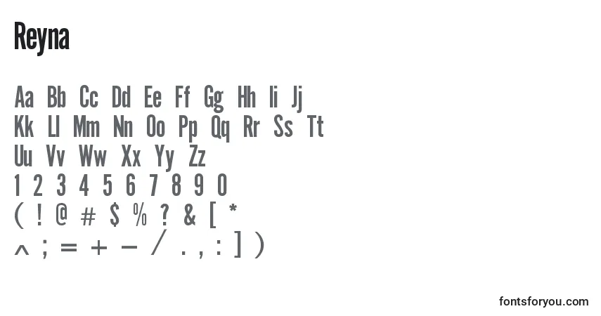 A fonte Reyna – alfabeto, números, caracteres especiais
