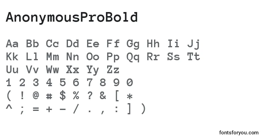 Czcionka AnonymousProBold – alfabet, cyfry, specjalne znaki