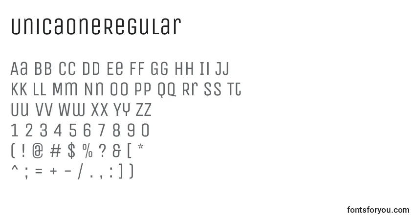 Schriftart UnicaoneRegular – Alphabet, Zahlen, spezielle Symbole