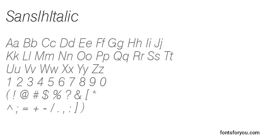 SanslhItalicフォント–アルファベット、数字、特殊文字