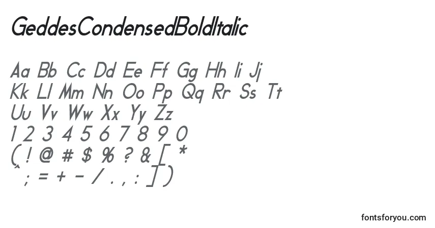 GeddesCondensedBoldItalic-fontti – aakkoset, numerot, erikoismerkit