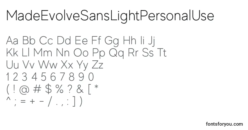 Czcionka MadeEvolveSansLightPersonalUse – alfabet, cyfry, specjalne znaki
