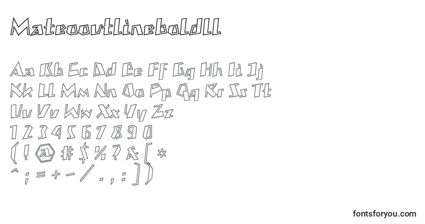 Шрифт Mateooutlineboldll – алфавит, цифры, специальные символы
