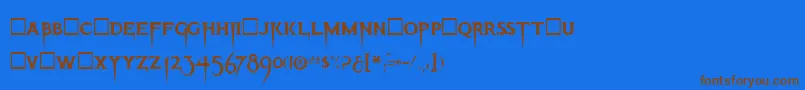 フォントThrillerRegular – 茶色の文字が青い背景にあります。