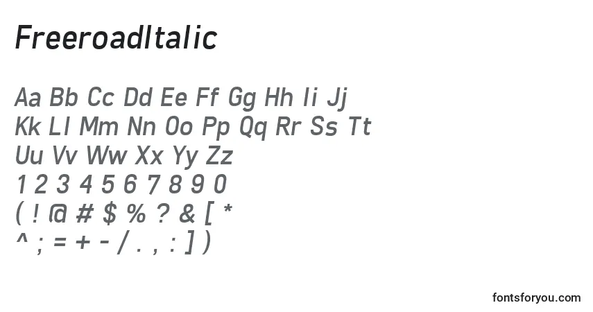 A fonte FreeroadItalic – alfabeto, números, caracteres especiais