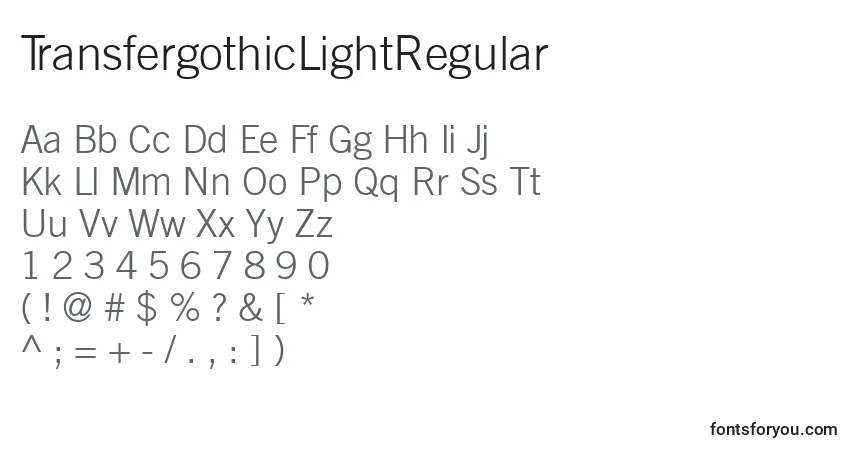 Schriftart TransfergothicLightRegular – Alphabet, Zahlen, spezielle Symbole