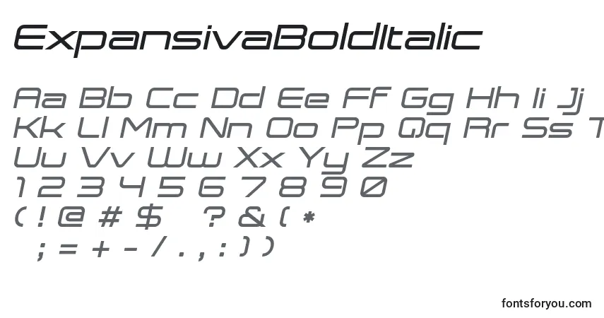A fonte ExpansivaBoldItalic – alfabeto, números, caracteres especiais