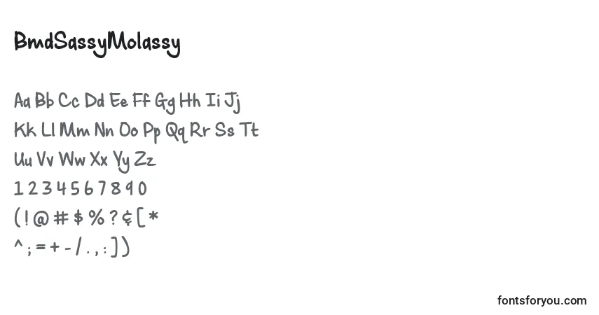 Czcionka BmdSassyMolassy – alfabet, cyfry, specjalne znaki