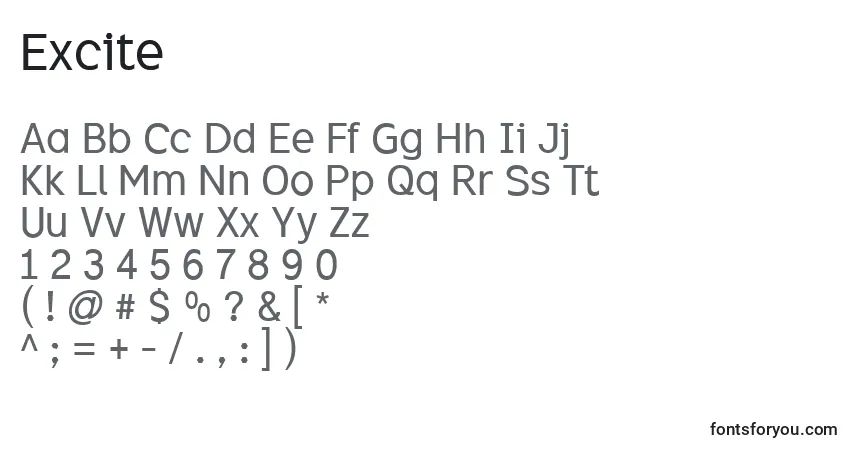 Czcionka Excite – alfabet, cyfry, specjalne znaki