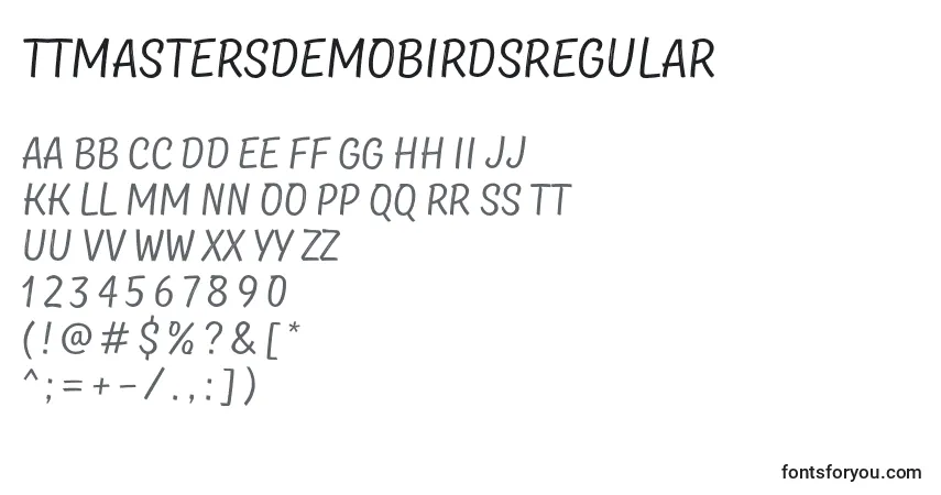 A fonte TtMastersDemoBirdsRegular – alfabeto, números, caracteres especiais