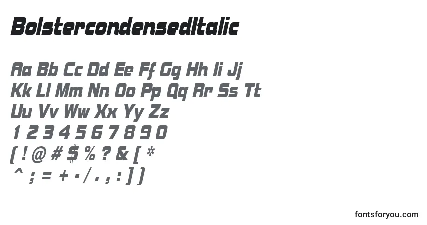 Czcionka BolstercondensedItalic – alfabet, cyfry, specjalne znaki