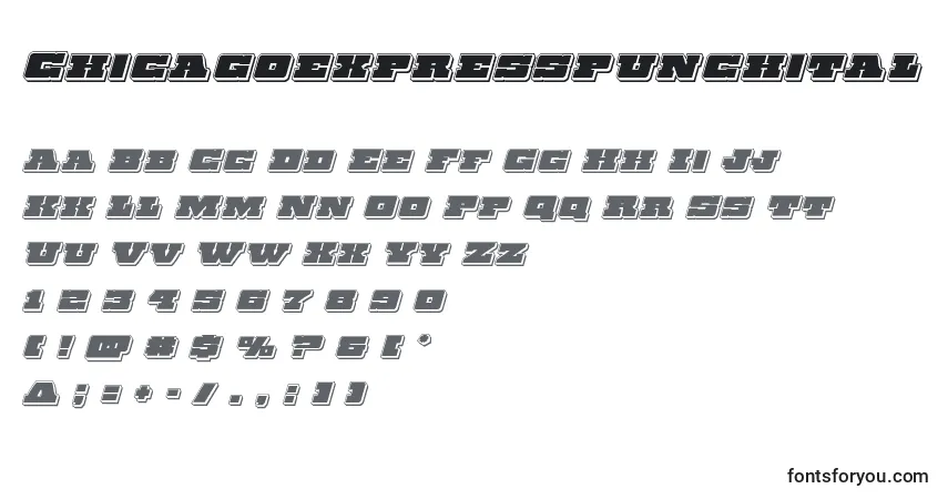 Schriftart Chicagoexpresspunchital – Alphabet, Zahlen, spezielle Symbole