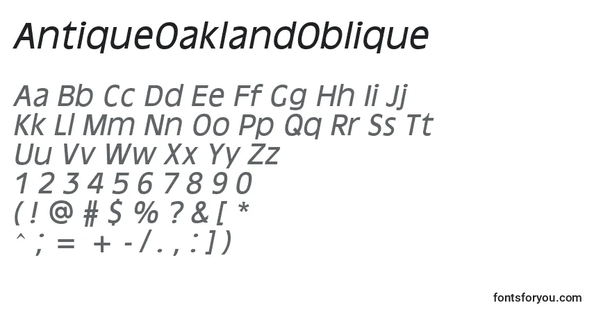 Шрифт AntiqueOaklandOblique – алфавит, цифры, специальные символы