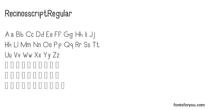 A fonte RecinosscriptRegular – alfabeto, números, caracteres especiais