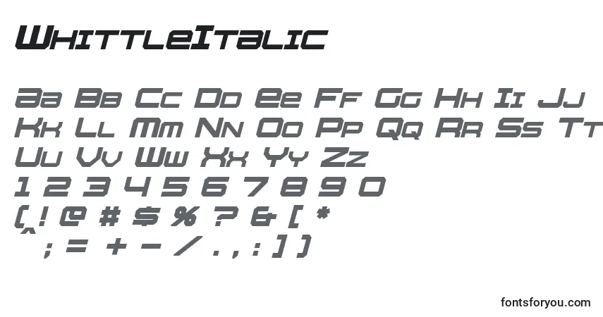 Czcionka WhittleItalic – alfabet, cyfry, specjalne znaki