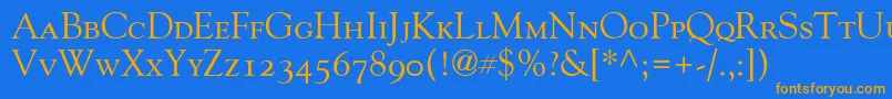 フォントGoudyOldStyleSmallCapsOldStyleFigures – オレンジ色の文字が青い背景にあります。